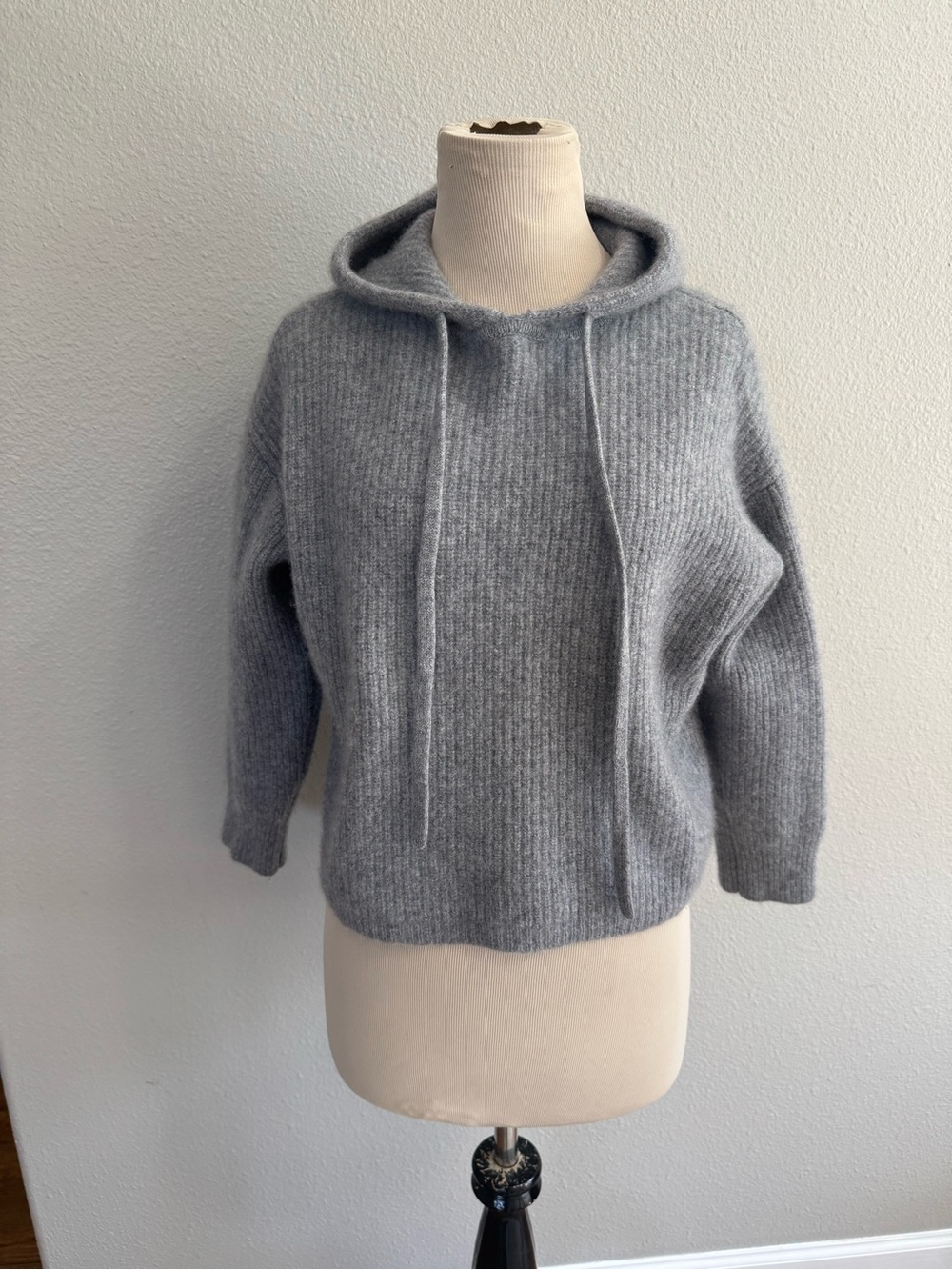 Quince 100% Cashmere Ribbed Fisherman Pullover Hoodie Grey -medium